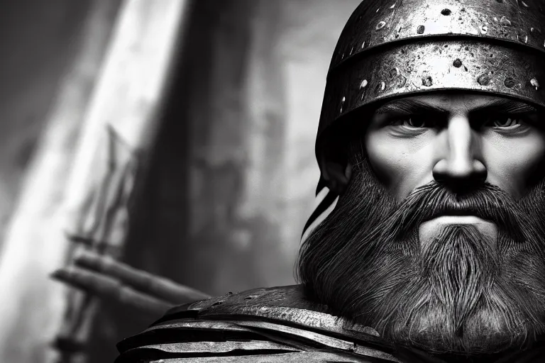 Prompt: still photo of 8 th century war man looking at the camera, black and white color aesthetic, highly detailed, photorealistic portrait, bright studio setting, studio lighting, crisp quality and light reflections, unreal engine 5 quality render