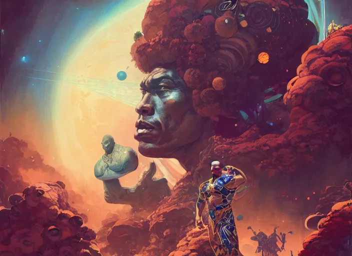 Image similar to the rock as a hawaiian warrior surrounded by intergalactic planets connected by streams of magical flow, sigma male, gigachad, visually stunning, luxurious, by james jean, jakub rebelka, tran nguyen, peter mohrbacher, yoann lossel, wadim kashin