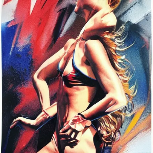 Image similar to photorealistic picture, by bob peak and alex ross, moto gp ads in 1 9 9 0 s, gouache and wash paints, fine details, fine intricate, fine facial proportionate, fine body proportionate, fine posse proportionate, smooth sharp focus, sharp focus