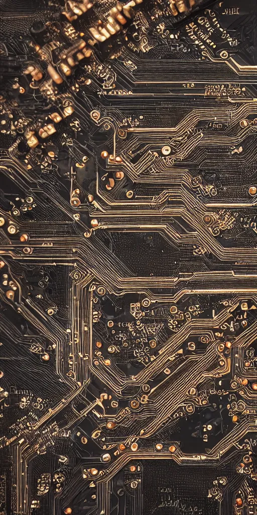 Prompt: densely detailed black and copper computer circuits, transistors, led, wire, macro photography, translucent pastel panels, smooth stylised shapes, embedded in clear epoxy, macro, overlaping layers, hyperrealistic vfx render