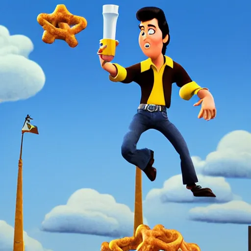 Prompt: elvis presley with pretzel!!!! legs, pixar character, stage background, pixar, 3 d,