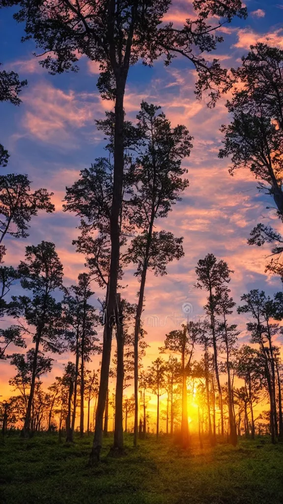 Image similar to beautiful sunset with tons of aligned trees, epic stock photo