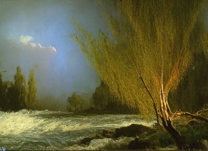 Prompt: oil painting of a willow tree next to a raging river by albert bierstadt, beautiful lighting