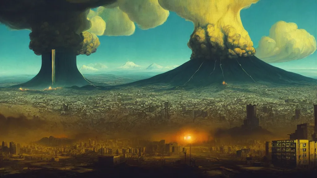 Prompt: Nuclear Fallout towering over the town of Quito by Simon Stålenhag and J.M.W. Turner, oil on canvas; Art Direction by Adam Adamowicz; 4K, 8K epic drone shots; Ultra-Realistic Depth Shading