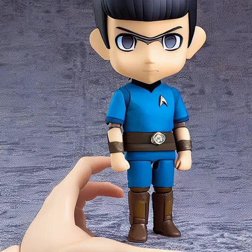 Prompt: spock from the tv series star trek, serious look, pointed ears, spock haircut, greeting, as an anime nendoroid, starfleet uniform, detailed product photo