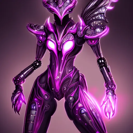 Image similar to highly detailed exquisite fanart, of a beautiful female warframe, but as an anthropomorphic robot dragon with glowing purple eyes, shiny silver armor with fuchsia accents, engraved, elegant pose, close-up shot, full shot, epic cinematic shot, sharp claws for hands, professional digital art, high end digital art, singular, realistic, DeviantArt, artstation, Furaffinity, 8k HD render