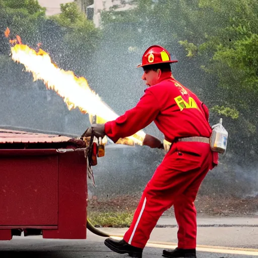 Image similar to a clown wearing firefighter clothes, using a flamethrower on a dumpster fire