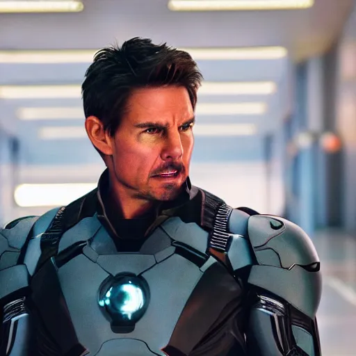 Image similar to Film still of Tom cruise as Tony stark, avengers, Iron Man, Canon EOS R3, f/1.4, ISO 200, 1/160s, 8K, RAW, unedited, symmetrical balance, in-frame