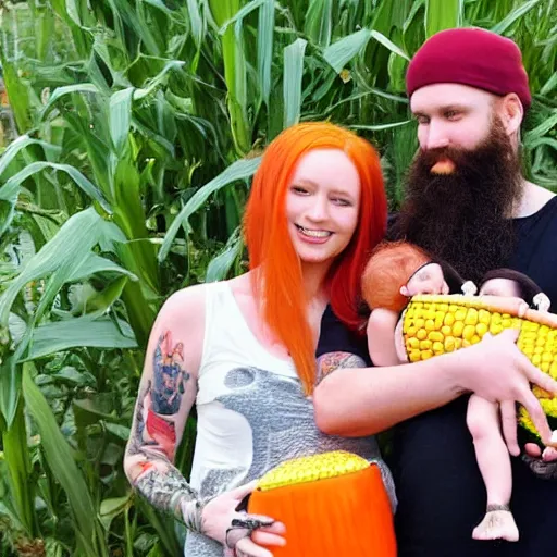 Image similar to photo of a slender attractive couple. The woman has long straight red orange hair. The man has a dark thick neatly groomed beard and tattoos. They are holding a giant corn and a cute baby.