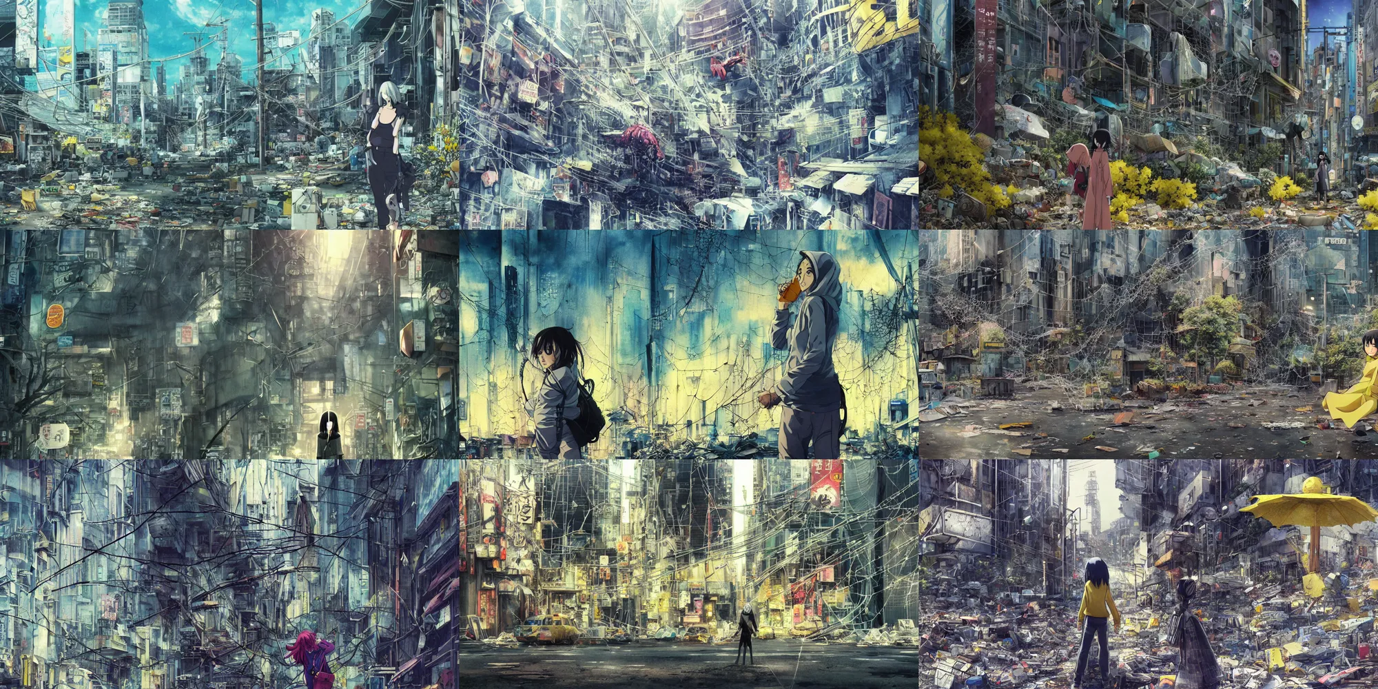 Prompt: incredible anime movie scene, mamoru oshii, otomo, ultra wide, vanishing point, hoody woman explorer, watercolor, empty, spiderwebs, trash, coral reef, billboards, harsh bloom lighting, rim light, abandoned city, paper texture, caustic shadows, deserted shinjuku junk town, bright sun ground, wires, telephone pole, pipes, yellow, red