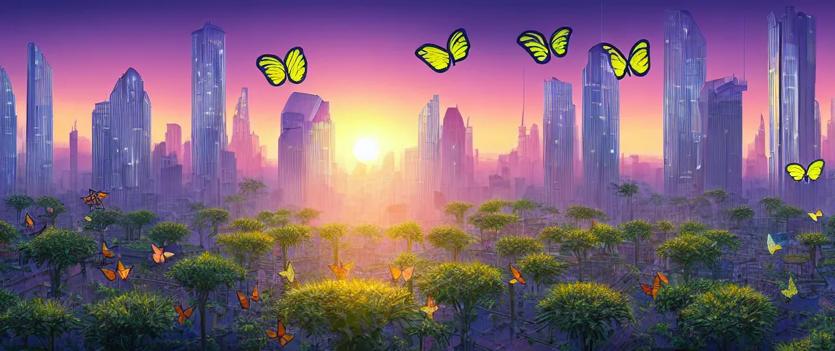 Prompt: solarpunk cityscape plants butterflies highly detailed sunrise