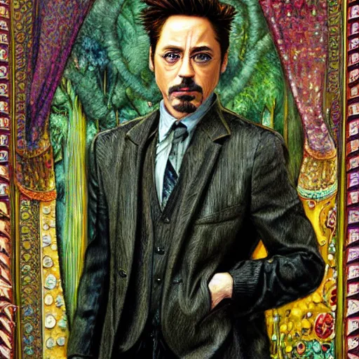 Prompt: Robert Downey JR, artwork by Daniel Merriam,