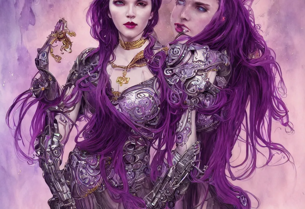 Image similar to vampire with purple hair in sci - fi bionic armor, highly detailed, very intricate, art nouveau, gold filigree, romantic storybook fantasy, soft cinematic lighting, award - winning, disney concept art watercolor illustration by mandy jurgens and alphonse mucha and alena aenami, pastel color palette, featured on artstation