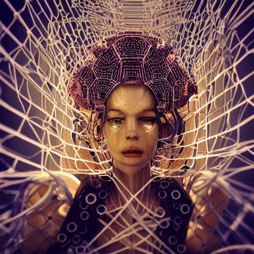 Image similar to deeper into the metaverse we go, piles of modular synth cables mixed with mangrove roots, kawaii puerto rican goddess swimming up wearing a headpiece made of circuit boards, by cameron gray, wlop, stanley kubrick, masamune, hideki anno, jamie hewlett, unique perspective, trending on artstation, 3 d render, vivid
