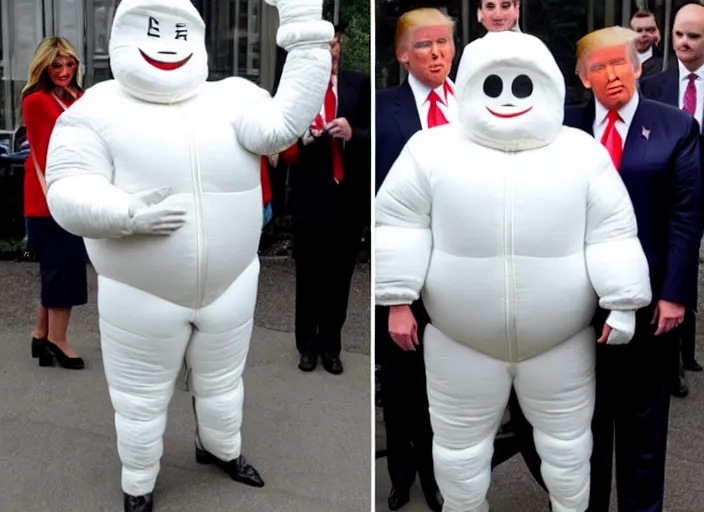 Prompt: donald trump dressed as the michelin man, flash photograph,