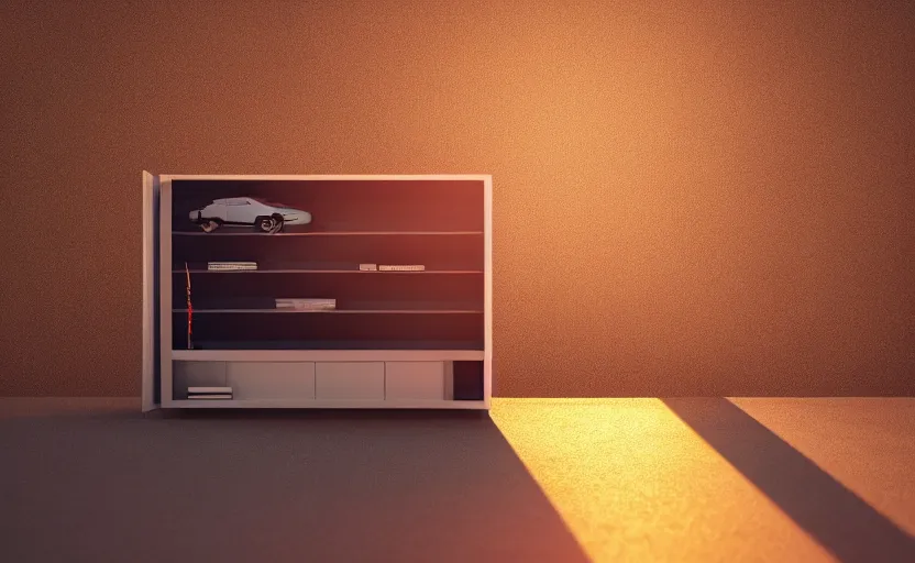 Image similar to a miniature of a Peugeot 309 Vital on a bookshelf near a window at sunset, DOF, octane render, unreal engine 5, godrays, complementary colors, calm, symmetrical, highly detailed, high quality, 4k, beautiful, hyperrealistic