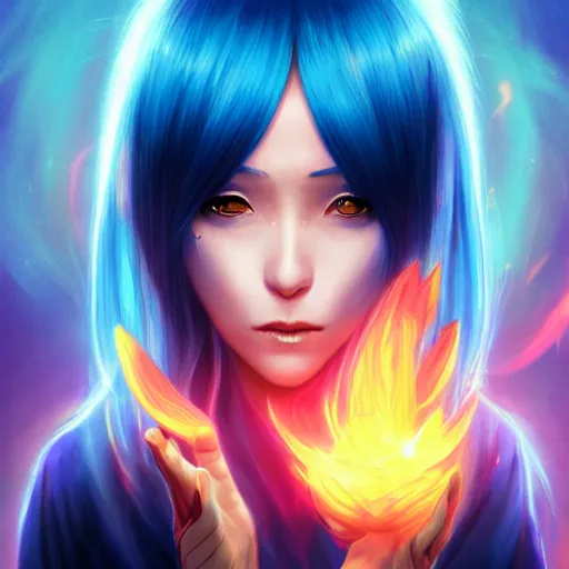 Image similar to rimuru tempest from tensura holding purple fire in her palm, with amber eyes of golden colored eyes, straight hair, sky blue hair, long bangs, concept art, award winning photography, key visual, digital painting, cinematic, wlop, 8 k, by ross tran, andy warhol, tom bagshaw