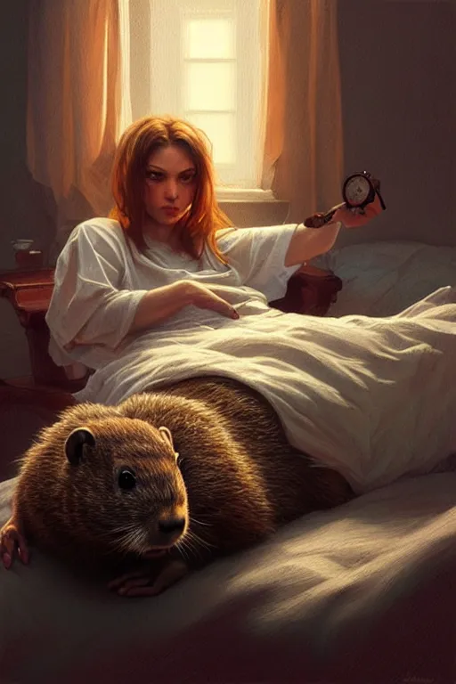 Image similar to drug addicted groundhog with a needle lies on the bed, realistic portrait, highly detailed, digital painting, artstation, concept art, smooth, sharp focus, illustration, cinematic lighting, art by artgerm and greg rutkowski and alphonse mucha