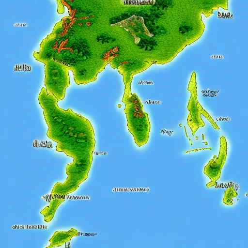 Prompt: isometric view of southeast asia, high - detail, high accuracy, in style of middle earth map, lord of the ring, fantasy,