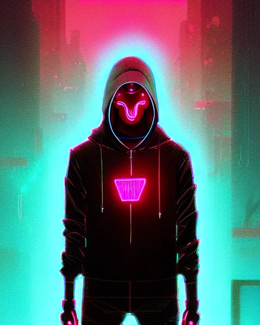 Image similar to cyberpunk synth, hyper - realistic portrait of a man in a hoodie with detailed neon mask, cyberpunk, by atey ghailan, by greg rutkowski, by greg tocchini, by james gilleard, by joe fenton, by kaethe butcher, dynamic lighting, gradient light blue, brown, cinematic lighting color scheme, sharp focus, grunge aesthetic