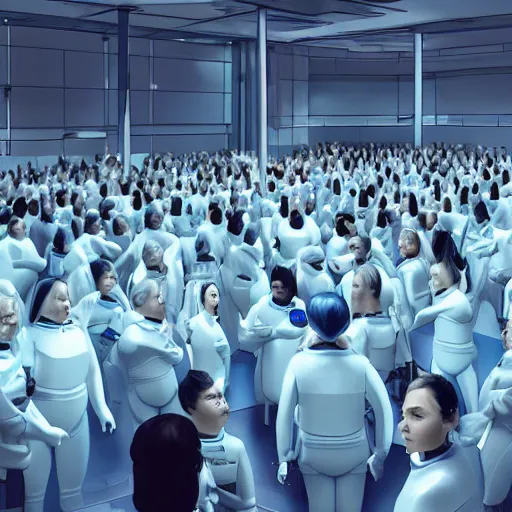 Prompt: unorganized crowd of angry chubby women, white hair, tight light blue neopren space uniforms, futuristic production facility, sci - fi, highly detailed, cinematic