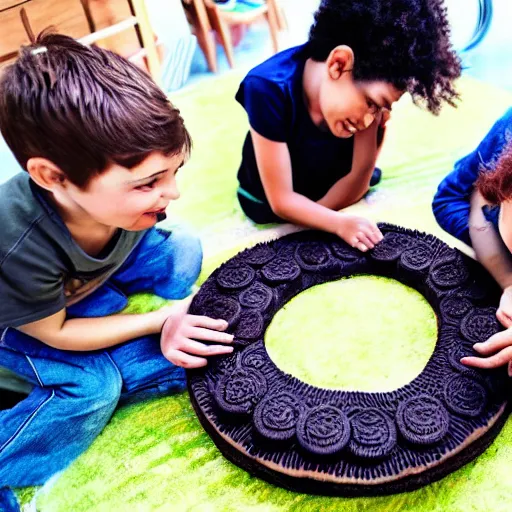 Prompt: kids feasting a giant oreo like they were in an ant farm and the kids were like ants because they were star - sized, photorealistic picture