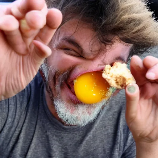 prompthunt: man cries while holding giant egg sitting on the