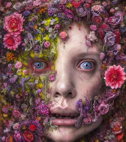 Image similar to portrait, stranger psycho, covered in flowers, horror, by michael page, alyssa monks, julie heffernan, glenn brown, naoto hattori, brian froud, nicola samori, paolo roversi, kilart, 8 k, hyper detailed, hyper realism, acrylic paint, surrealism.