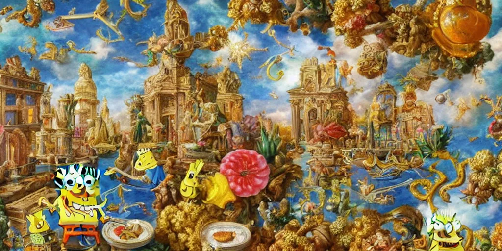 Image similar to SpongeBob, tilt shift, prismatic, italian masterpieces, painted marble sculptures, baroque, beautiful, gracious, pagans, marble, clouds, sun, fruits, bioluminescent skin, ultra detailed