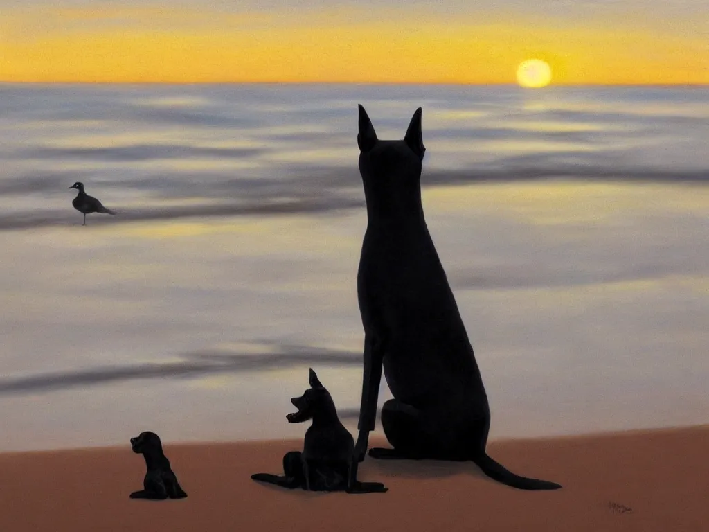 Image similar to hyperrealism a black dog in a brown hat and looking at a seagull, sitting on the beach, sunset