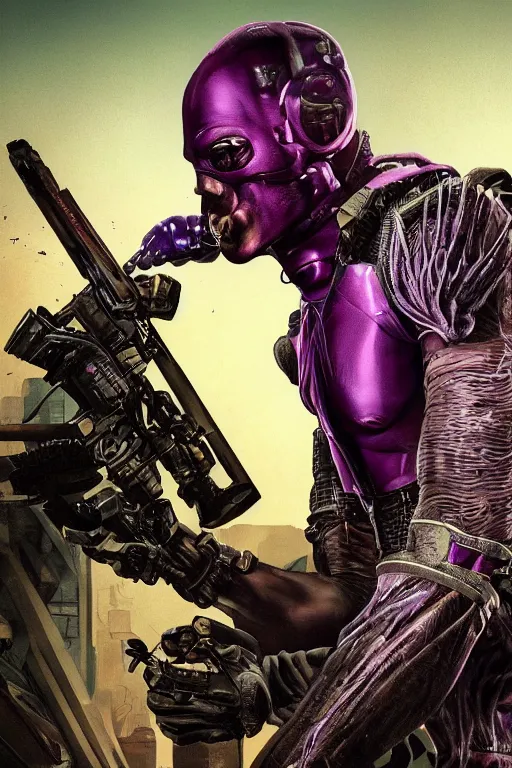 Prompt: A highly detailed, beautiful rendered, close portrait of a mutant ringer, half human, in purple spandex suit, with scars in the face, high tech equipement and armour attached to the body, in a tropical and dystopic city, in front of a garage, dried palmtrees, thick dust and red tones, bladerunner, cyberpunk, lost city, hyper-realistic environment, Epic concept art. Warhammer 40k