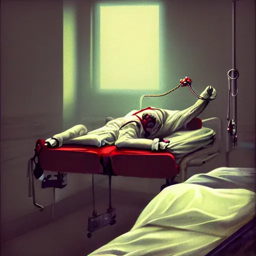 Image similar to crazy clown lying in hospital bed with wrist restraints on, restraints straps attached to hospital bed siderails, greg rutkowski, photograph, 8 k