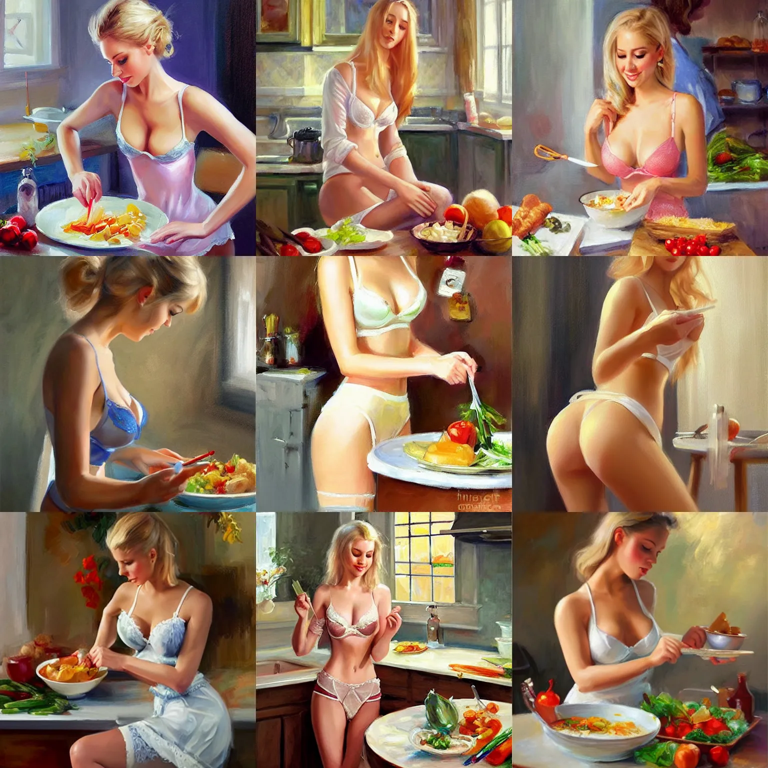 Prompt: young blonde in lingerie making dinner, painting by Vladimir Volegov,