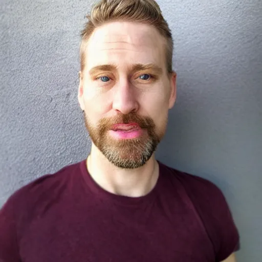 Prompt: full face color photograph of a 40 year old very handsome white man with very short, wavy, light blond hair and small blue eyes, dressed in a maroon t shirt and black jeans, with very thin lips, with a straight nose and blond stubble on his oval face, and pale skin. He resembles a lion.