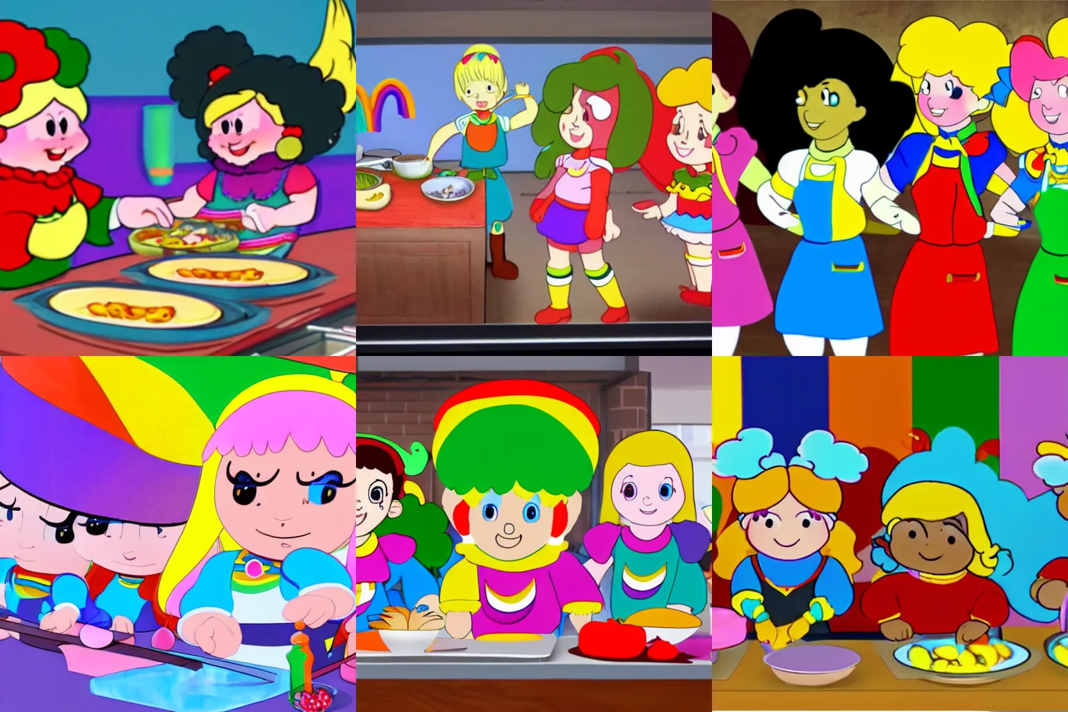 Prompt: Rainbow Brite teaches a cooking class, animation key frame