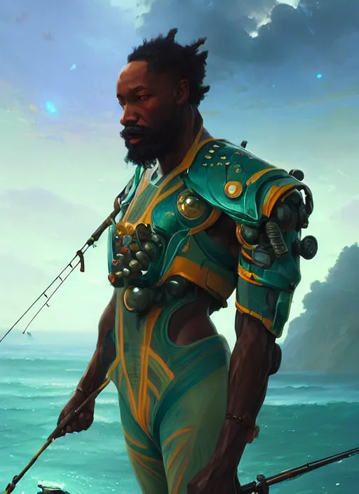 Image similar to portrait of a jamaican fisherman sci - fi fishing armor muscular cyberjamaicanpunk intricate elegant highly detailed digital painting artstation concept art, greg rutkowski, loish, rhads, ferdinand knab, makoto shinkai and lois van baarle, ilya kuvshinov, rossdraws, tom bagshaw