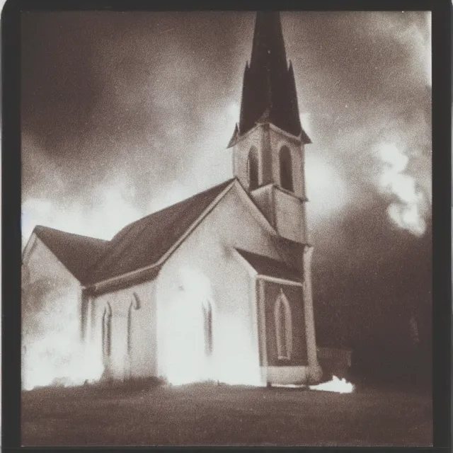 Prompt: very beautiful grainy and gritty polaroid photo of a church on fire