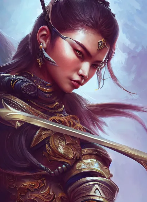 Prompt: a highly detailed illustration of fierce mongol warrior woman with bow, heroic shooting bow pose, perfect hyperdetailed face, intricate, elegant, highly detailed, centered, digital painting, artstation, concept art, smooth, sharp focus, league of legends concept art, wlop.