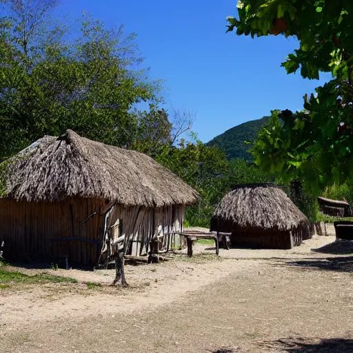 Prompt: a small primitive village on a sunny day