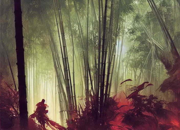 Image similar to bamboo forest, intricate, elegant, highly detailed, vivid colors, john harris, frazetta, tyrus wong, ruan jia, jeffrey catherine jones