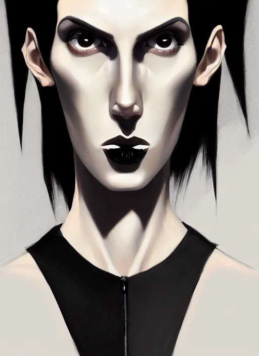 Image similar to portrait of a lanky woman with a crooked nose and a confident expression, 1 9 6 0 s, black clothes, goth, punk, funk, intricate, elegant, highly detailed, digital painting, artstation, concept art, smooth, sharp focus, illustration, art by wlop, mars ravelo and greg rutkowski