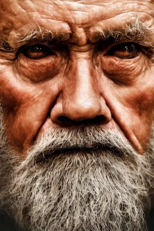 Image similar to a hyper realistic close up portrait of an old man with a solemn look and deep expression in his eyes, oil on canvas, highly detailed, strong lighting, cinematic, HD, 4K