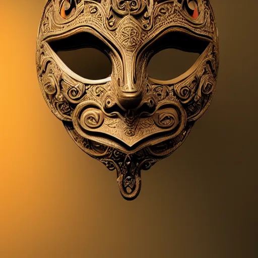 Prompt: an elaborate intricate mask surrounded by storm clouds, rendered in octane, behance hd, bokeh backdrop