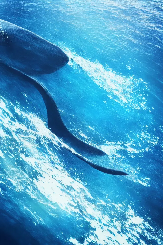 Image similar to under the blue ocean there is a blue whale in the water, the blue whale crystal texture, the dreamy crystal atmosphere ， super wide angle ， matte painting ， rtx on ， trending on cgsociety and artstation, volumetric light ， hyper - realism