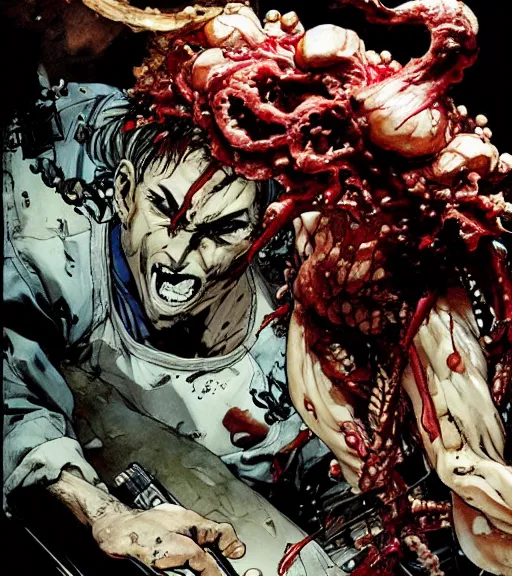 Prompt: a scene of a man being overtaken by a fungal parasite which continues to eat away at his innards and guts until he screams, comic book art, by yoji shinkawa and takehiko inoue and kim jung gi, masterpiece, perfect