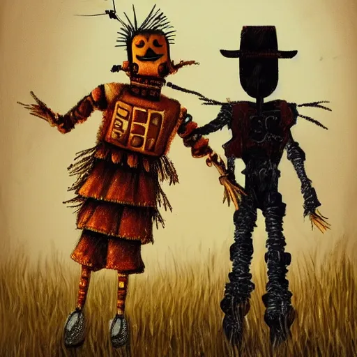 Prompt: detailed soft painting of a robot scarecrow and his robot corn dolly wife dancing at a disco. elegant highly detailed artstation concept art matte folk horror