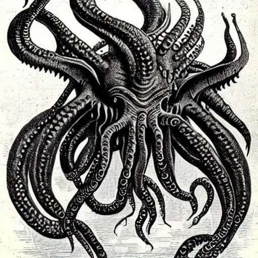 Prompt: an 1 8 0 0 s naturalism book illustration of cthulhu