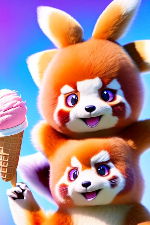 Image similar to high quality 3 d render hyperrealist very cute pastel fluffy red panda & koala hybrid eating giant ice cream, vray smooth, in the style of detective pikachu, hannah yata, very dramatic light, low angle, uhd 8 k, shallow depth or field