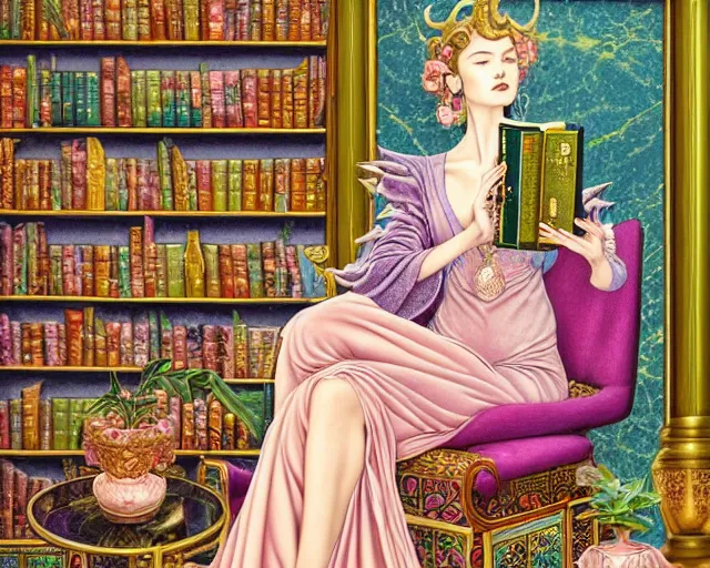 Prompt: a detailed fantasy pastel portrait of a woman wizard in ornate clothing lounging on a purpur pillow on the marble floor in front of her bookcase in a room, reading an ancient tome. to the side is a potted plant, moody light. ancient retrofuturistic setting. key art, focus on face, by chie yoshii and casey weldon