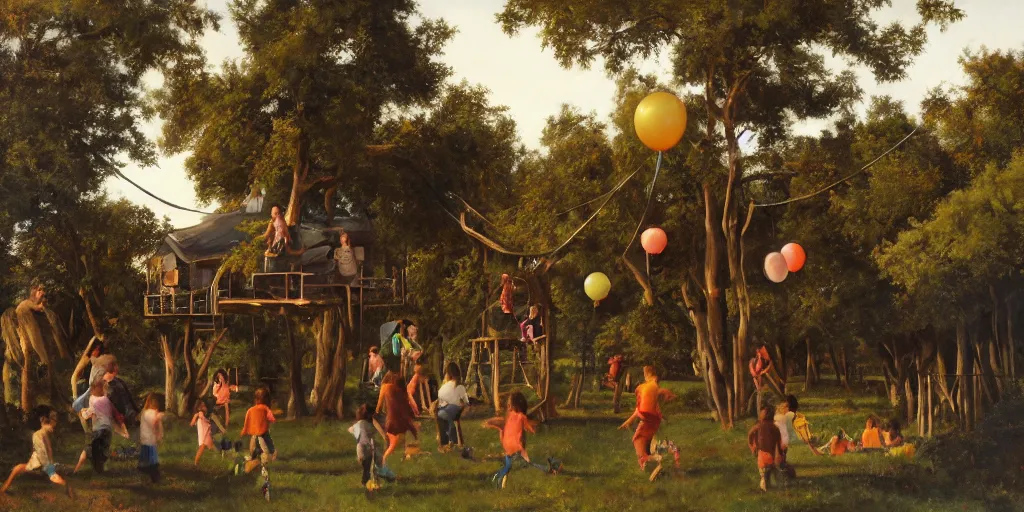 Image similar to masterful oil on canvas painting, eye - level view, shot from 5 0 feet distance, of kids playing in a treehouse. in the background human children run around having fun. golden hour, detailed, depth, volume, chiaroscuro, quiet intensity, limited color palette. in the background there are a couple of balloons floating in the sky.